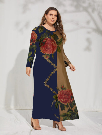 Plus Size Floral Contrast Long Sleeve Dress