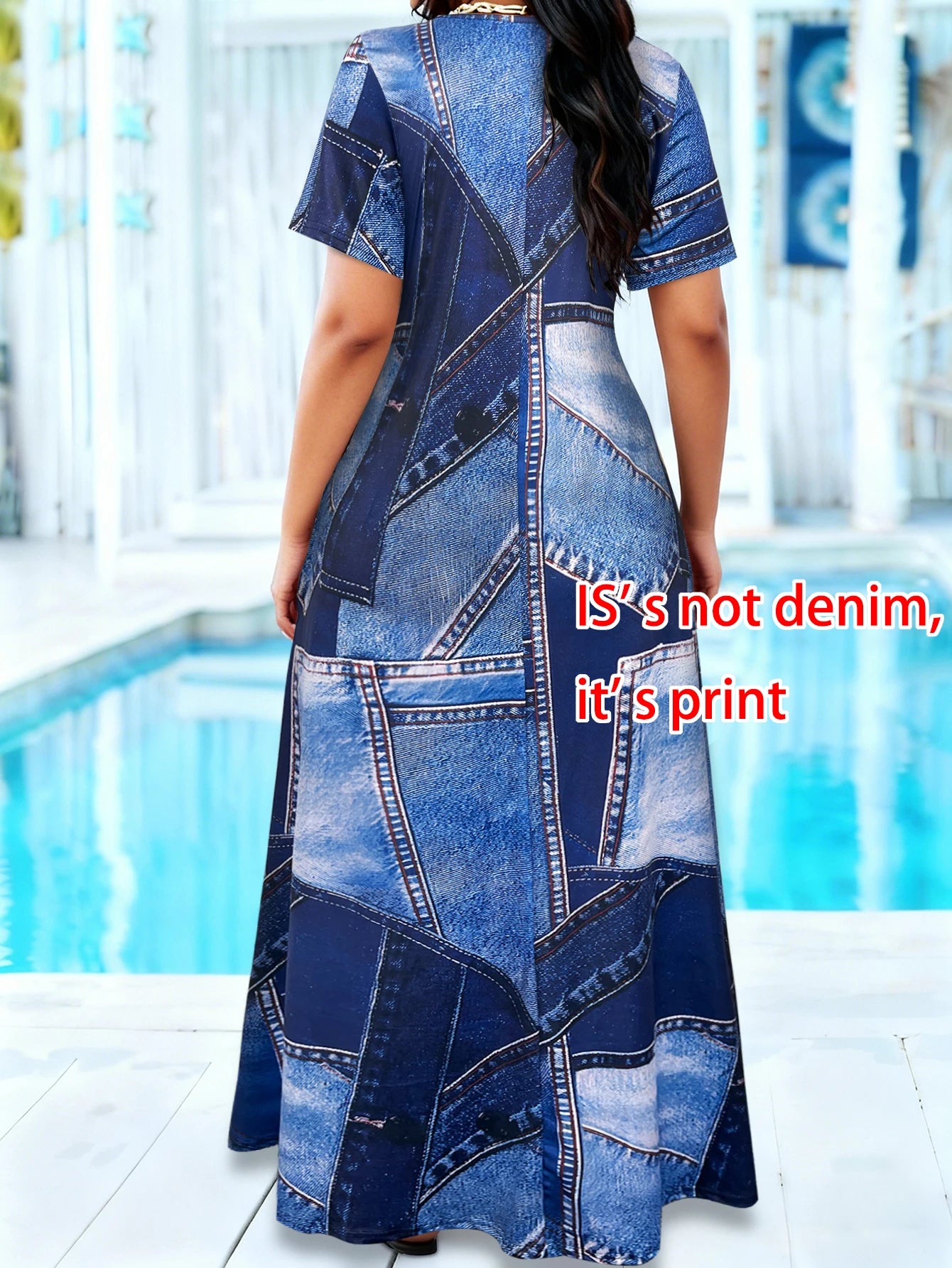 Plus Size Denim Print Maxi Sundress