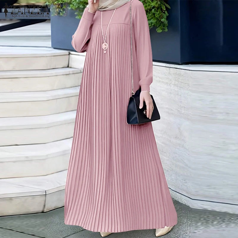 ZANZEA Modest Hijabs Women Pleated Long Dresses Casual O-Neck Long Sleeve Loose Maxi Dress Abaya Robes Woman Muslim Clothes 3XL