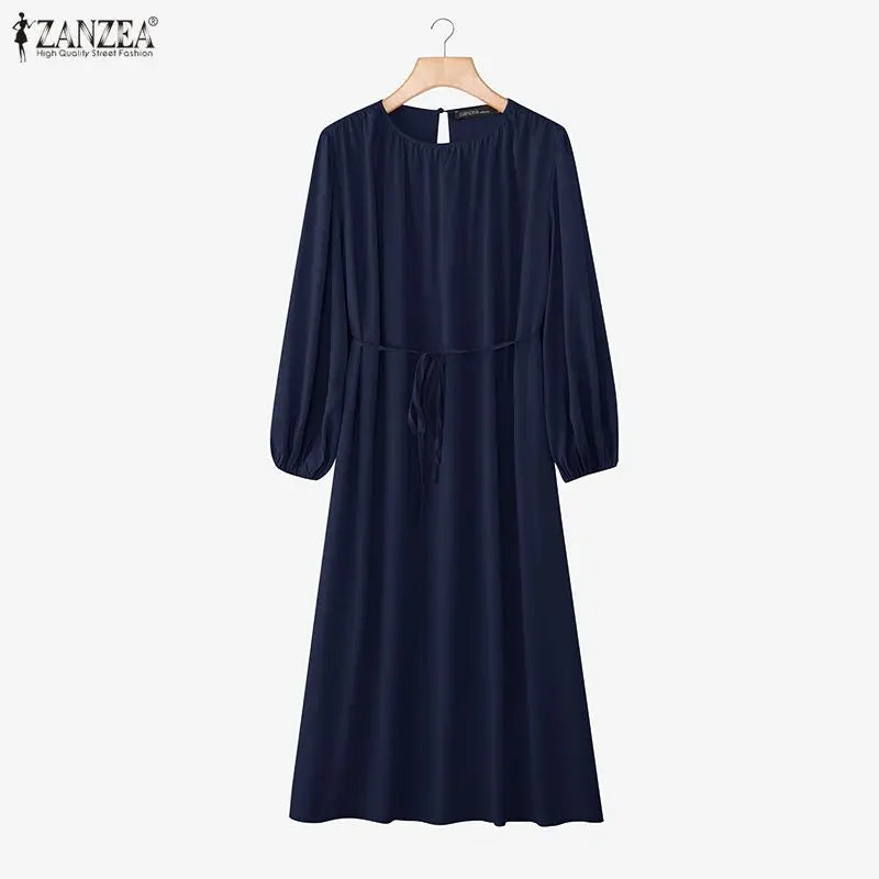 ZANZEA Elegant Lantern Sleeve Pleated Abaya Kaftan Dress for Women