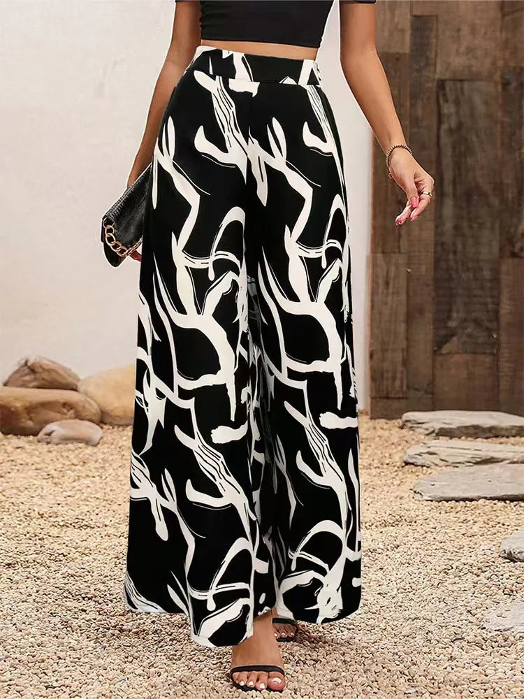 Women’s Leaf Print Wide Leg Casual Pants