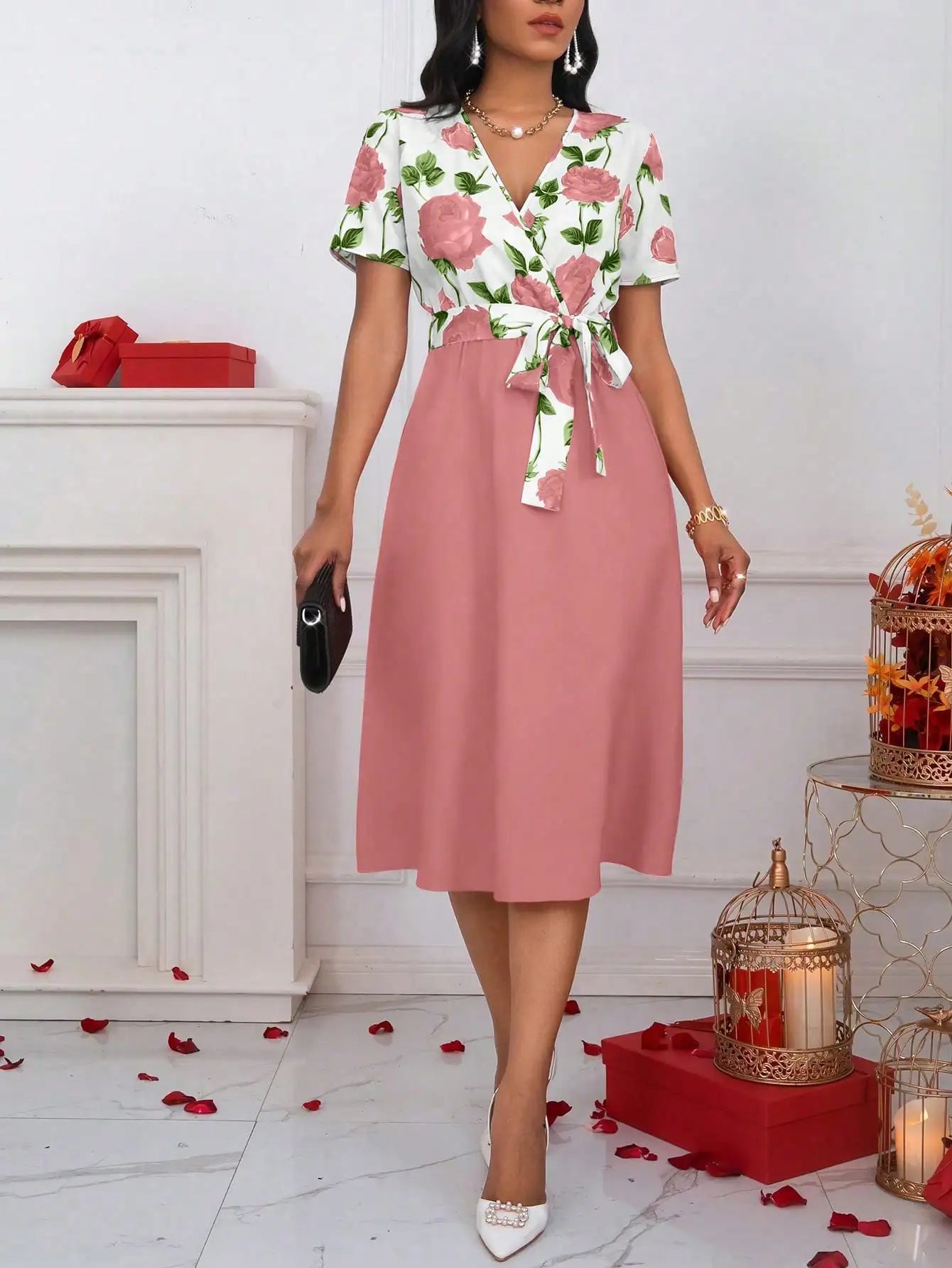 Women’s Floral Print Tie Waist Midi Dress