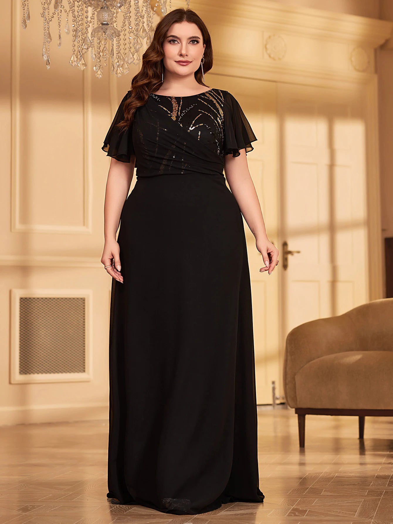 UNITHORSE Plus Size Sequin Chiffon Party Dress