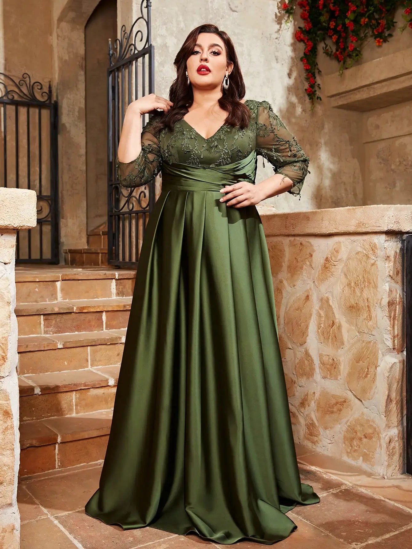 Mgiacy Plus Size Lace Embroidery Satin Evening Gown
