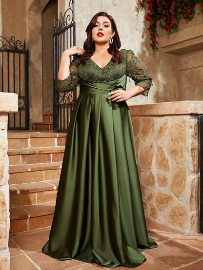 Mgiacy Plus Size Lace Embroidery Satin Evening Gown