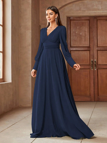 TOLEEN Elegant V-Neck Long Sleeve Maxi Dress