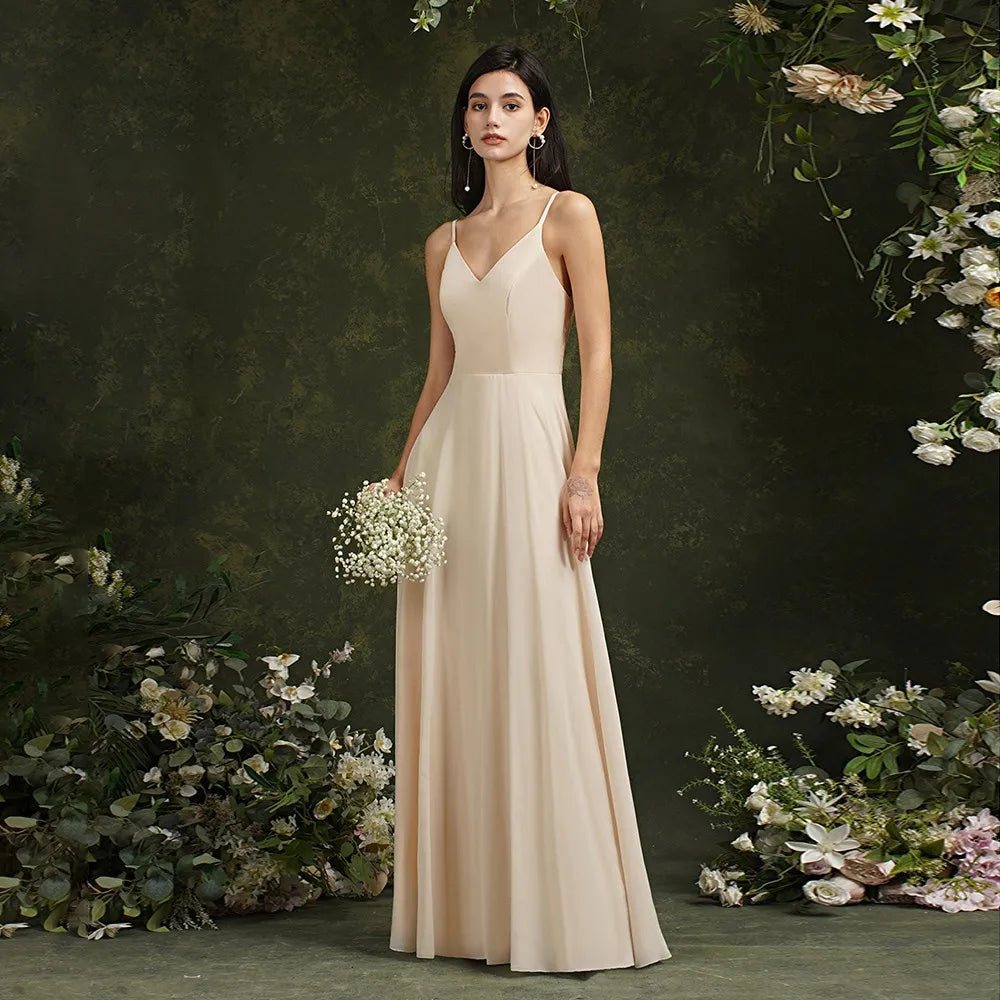 Elegant Sleeveless V-Neck Lace Back Bridesmaid Gown for Women