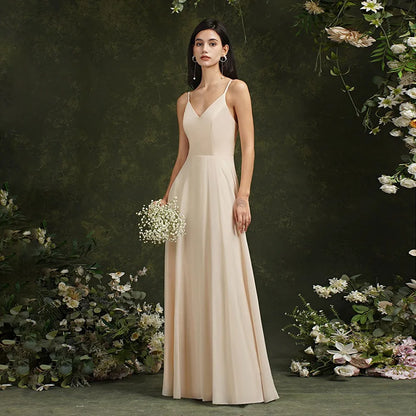 Elegant Sleeveless V-Neck Lace Back Bridesmaid Gown for Women