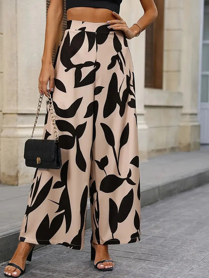 Women’s Leaf Print Wide Leg Casual Pants