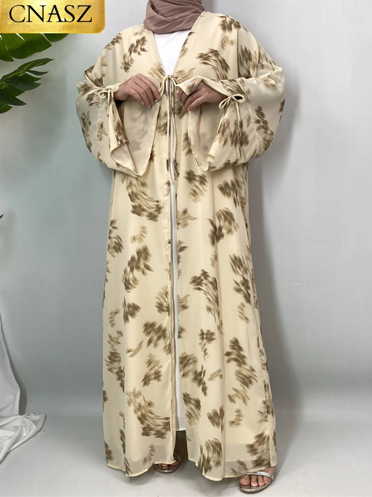 Women's Floral Print Chiffon Open Abaya Kimono
