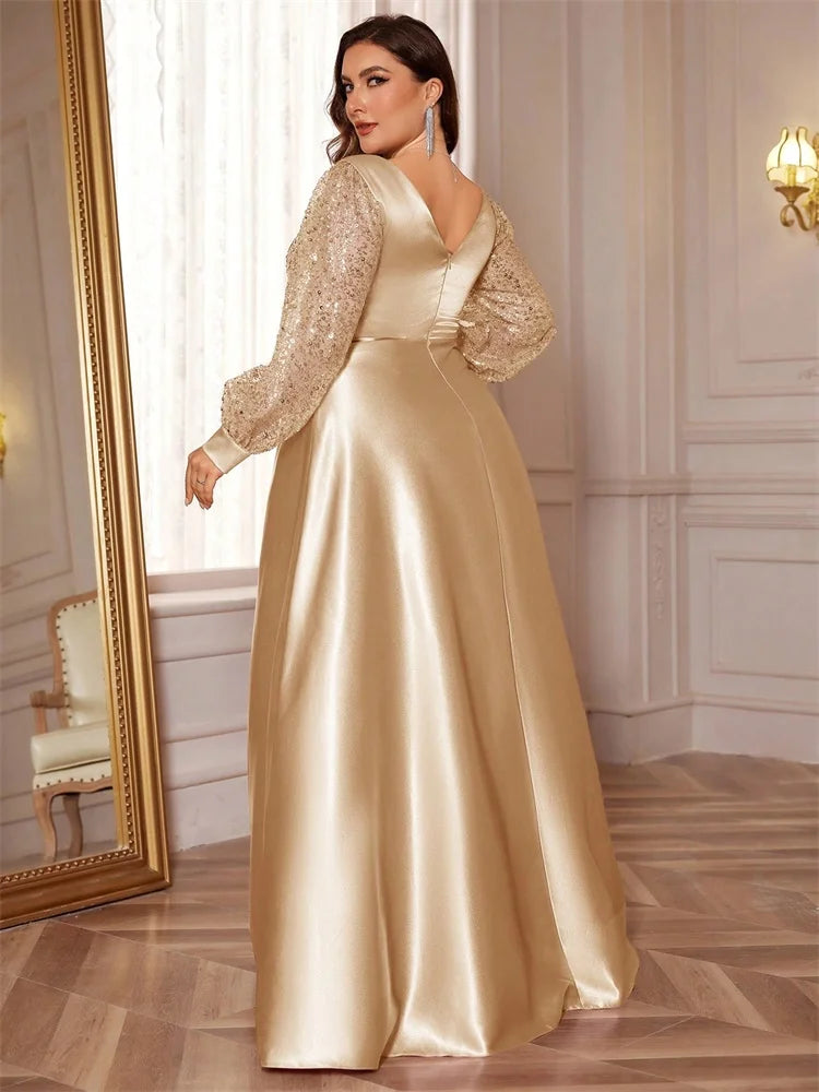 Plus Size Green Sequin V-Neck Evening Gown