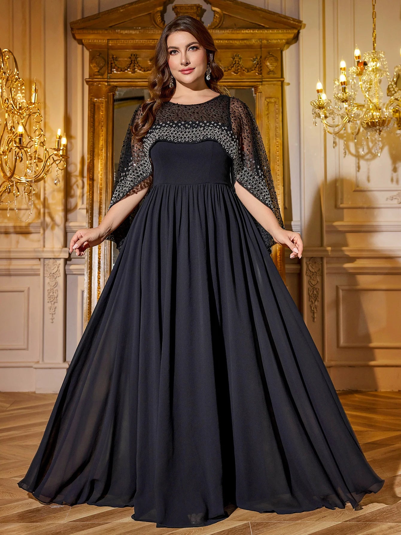 UNITHORSE Plus Size Cape Sleeve Sequin Chiffon Dress