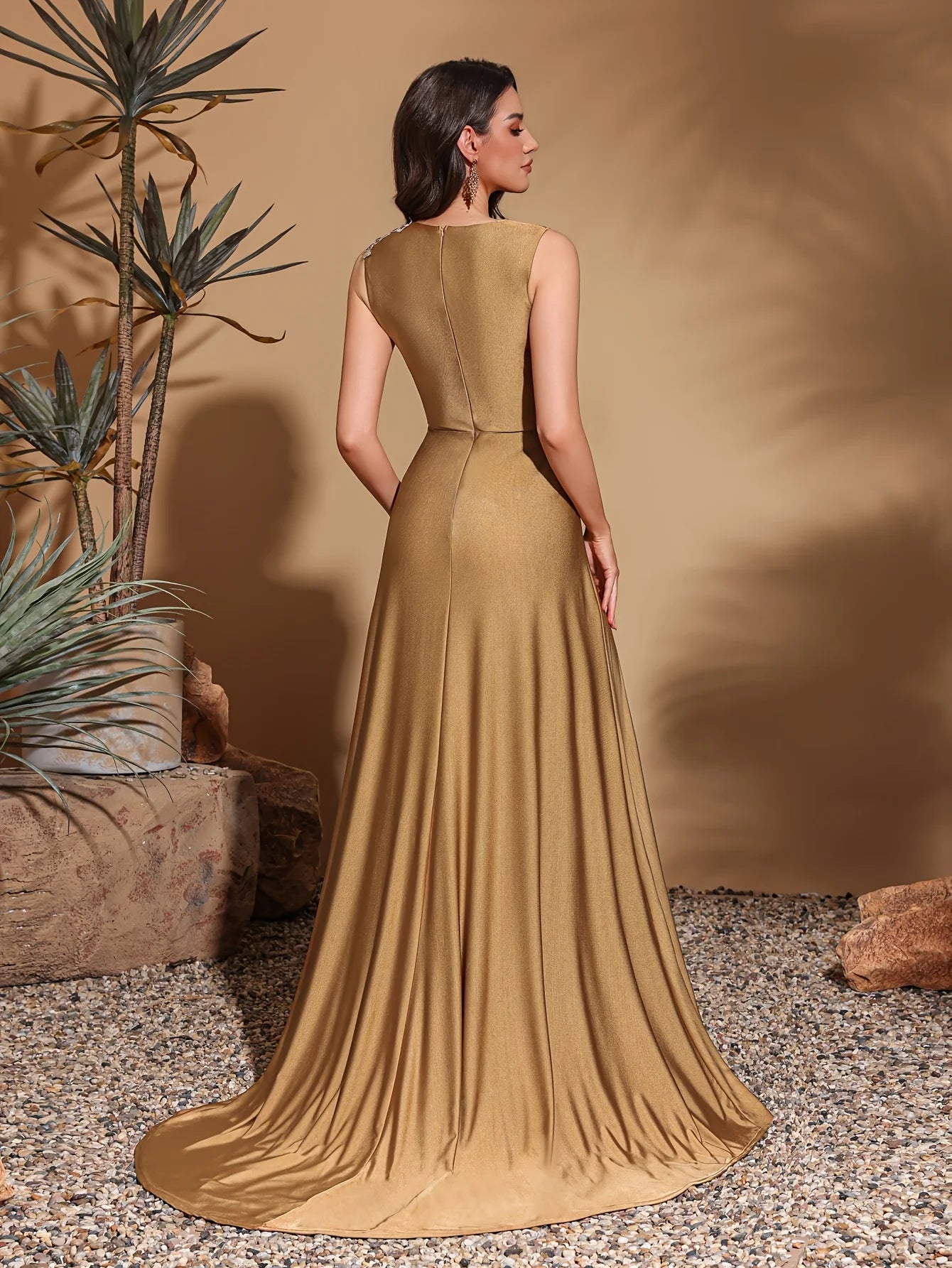 Asymmetrical Appliqué Sleeveless Slit Back Evening Gown for Women