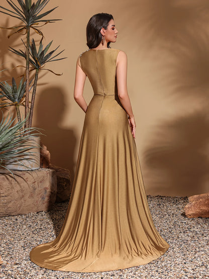 Asymmetrical Appliqué Sleeveless Slit Back Evening Gown for Women
