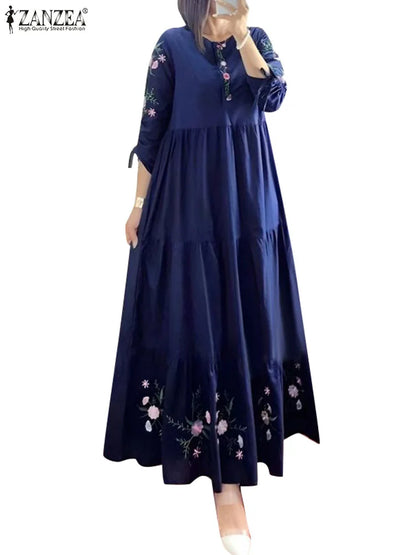 ZANZEA Floral Print Ruffle Hem Abaya Maxi Dress for Women