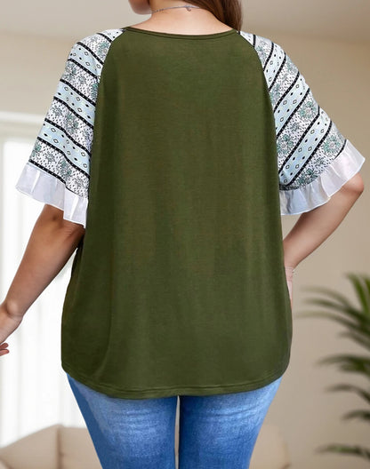 Plus Size V-Neck Patchwork Ruffle T-Shirt