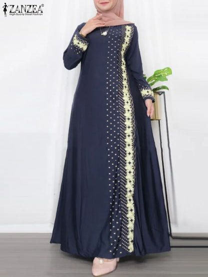 ZANZEA Floral Print Long Sleeve Abaya Maxi Dress for Women