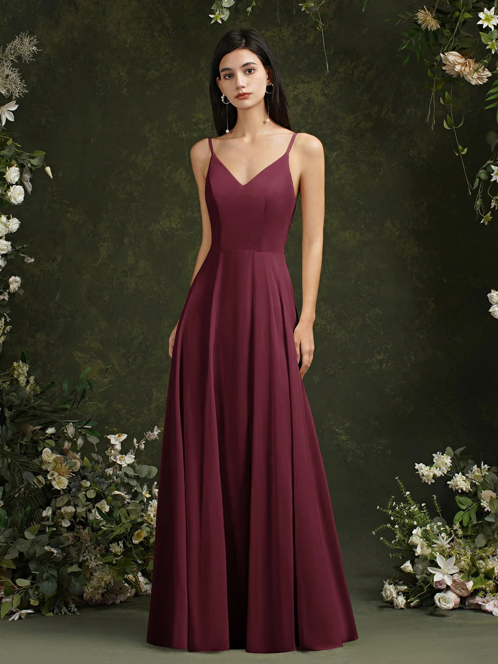 Elegant Sleeveless V-Neck Lace Back Bridesmaid Gown for Women