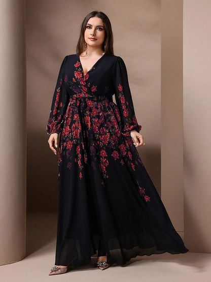 TOLEEN Plus Size Floral Print V-Neck Maxi Dress