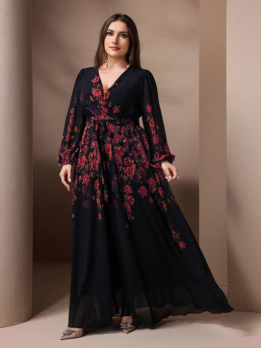 TOLEEN Plus Size Floral Print V-Neck Maxi Dress