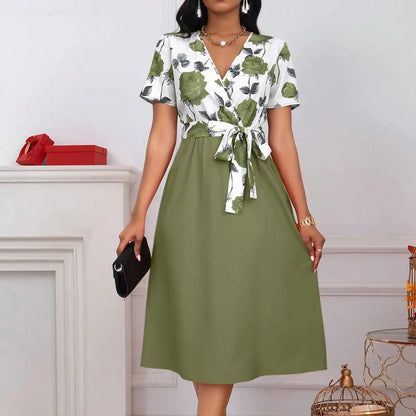 Women’s Floral Print Tie Waist Midi Dress