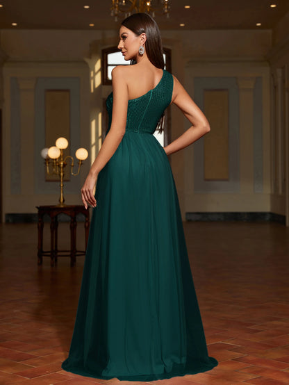 Asymmetrical Sequin Mesh Evening Gown for Women