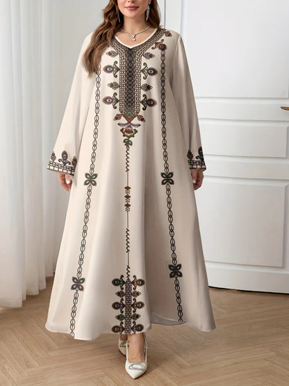 Plus Size Ethnic Print Long Sleeve Robe Dress