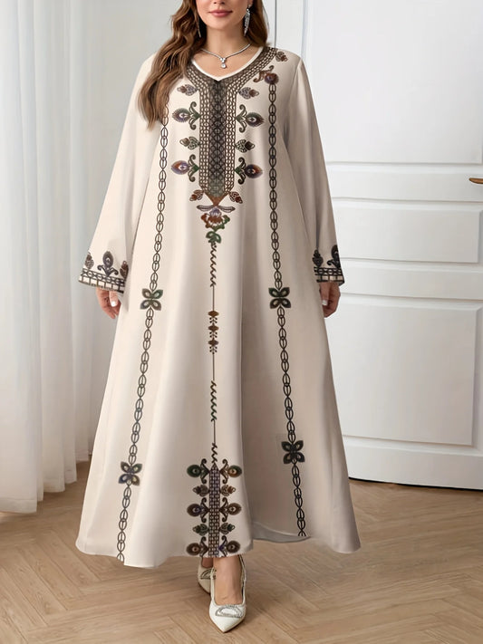 Plus Size Ethnic Print Long Sleeve Robe Dress