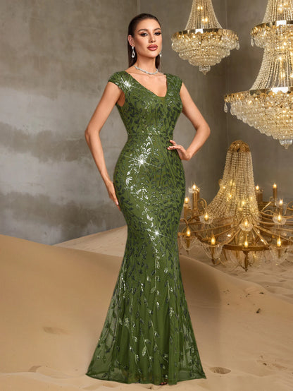 Elegant V-Neck Sequin Mermaid Evening Gown for Women