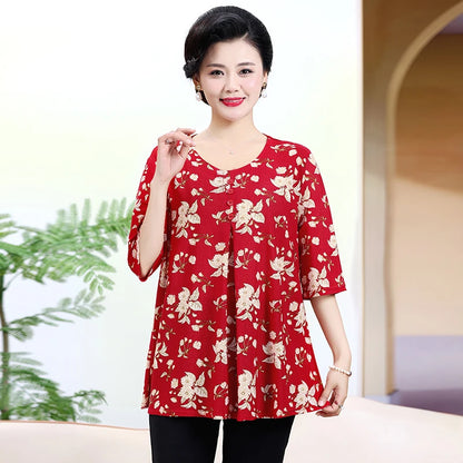 Plus Size Floral Pleated Loose T-Shirt