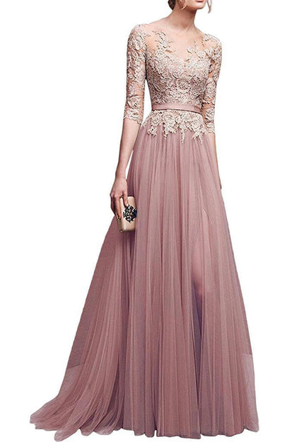Navy Blue Lace Appliqué Tulle Evening Gown for Women