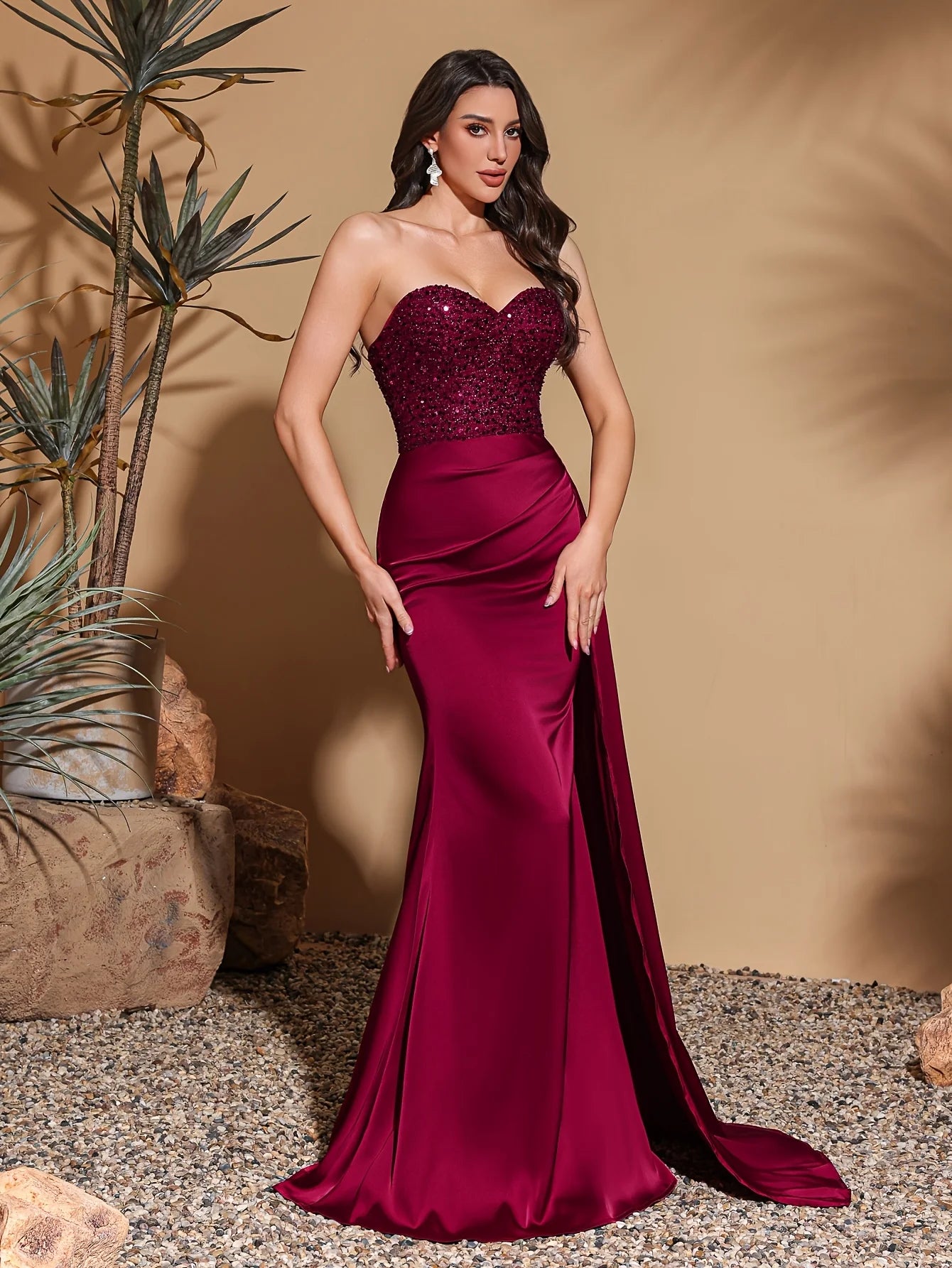 Sequin Tube Top Satin Evening Gown for Women