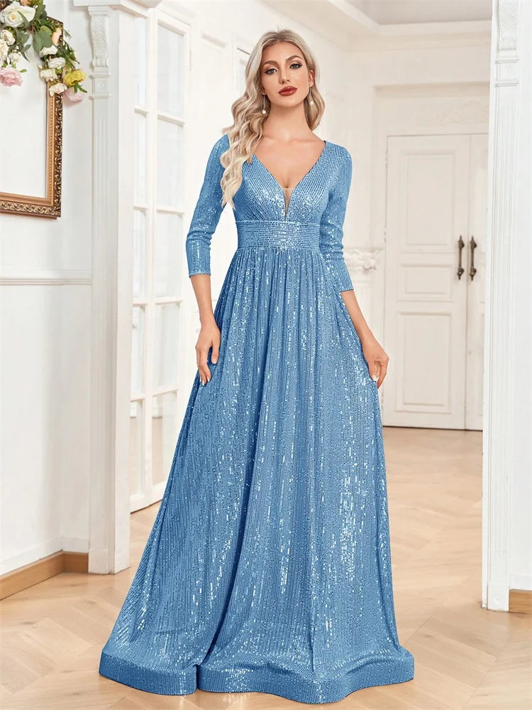 Luxury Blue Sequin V-Neck Evening Gown for Women