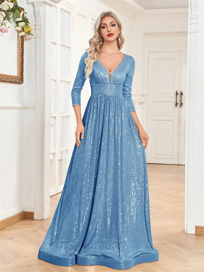 Luxury Blue Sequin V-Neck Evening Gown for Women