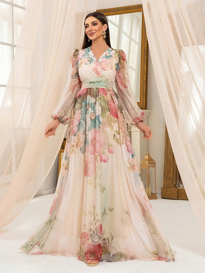 TOLEEN Women’s Floral Print Lantern Sleeve Maxi Dress