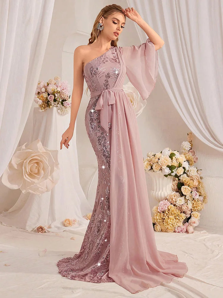 TOLEEN One Shoulder Sequin Maxi Evening Gown