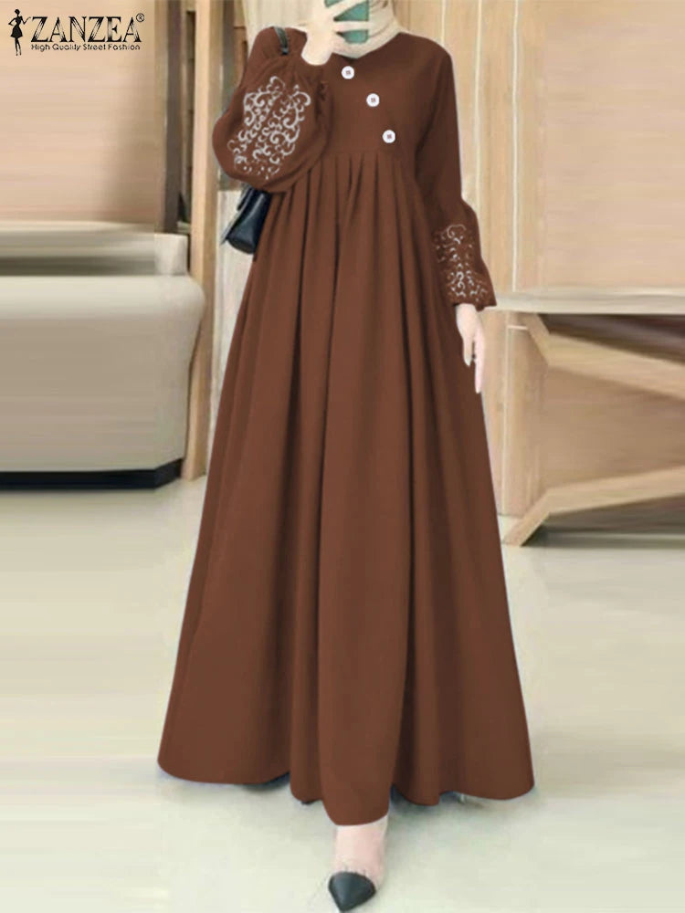 ZANZEA Printed Lantern Sleeve Pleated Abaya Maxi Dress for Women