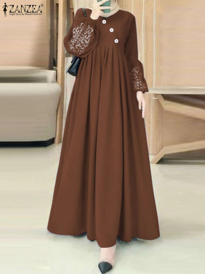 ZANZEA Printed Lantern Sleeve Pleated Abaya Maxi Dress for Women