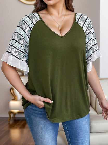 Plus Size V-Neck Patchwork Ruffle T-Shirt