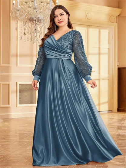 Plus Size Green Sequin V-Neck Evening Gown