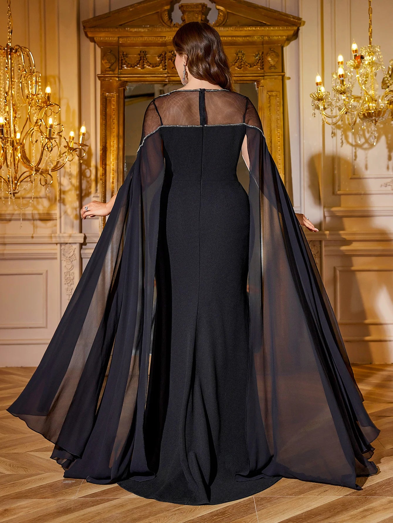 UNITHORSE Plus Size Sequin Embroidery Chiffon Evening Dress