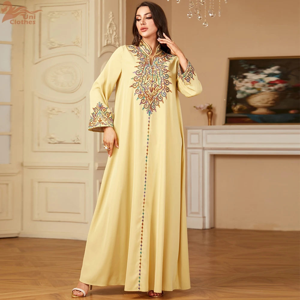 Embroidered V-Neck Dubai Abaya Jalabiya Dress for Women
