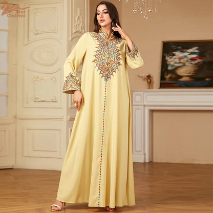 Embroidered V-Neck Dubai Abaya Jalabiya Dress for Women