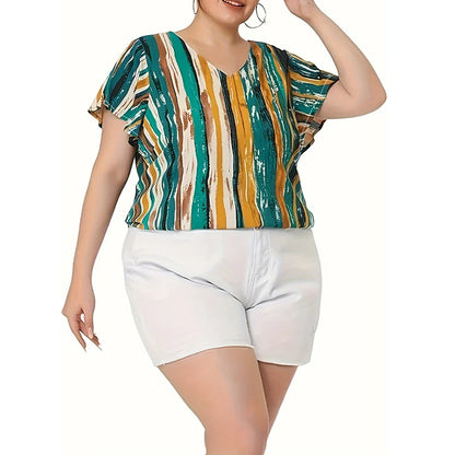 Plus Size Abstract Stripe Print V-Neck Top