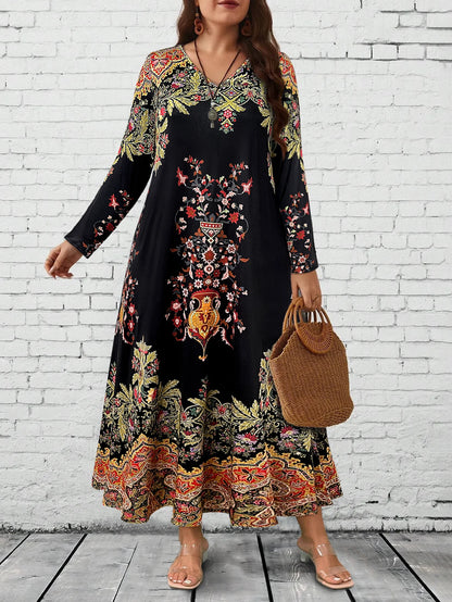 Plus Size Boho Floral V-Neck Maxi Dress