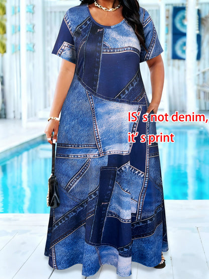 Plus Size Denim Print Maxi Sundress