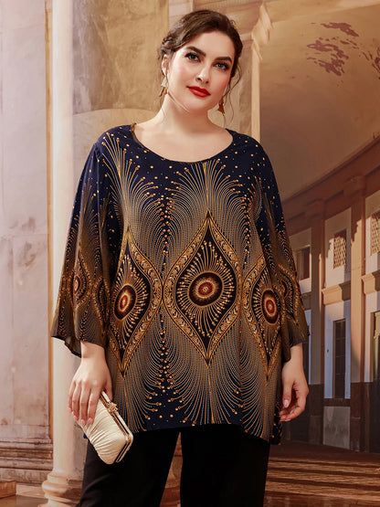 Plus Size Retro Print Oversized Blouse Top