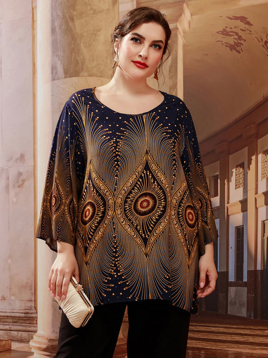 Plus Size Retro Print Oversized Blouse Top