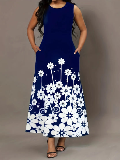 Women’s Black & White Floral Sleeveless Maxi Dress