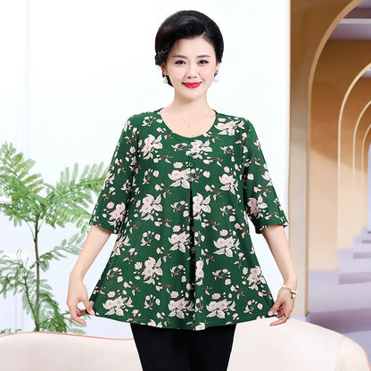 Plus Size Floral Pleated Loose T-Shirt